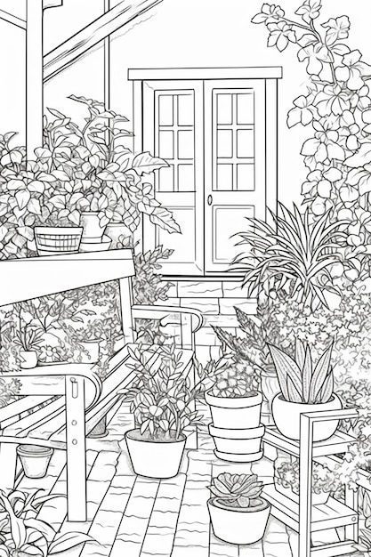 Un dibujo en blanco y negro de un jardín con un banco y macetas generativas ai