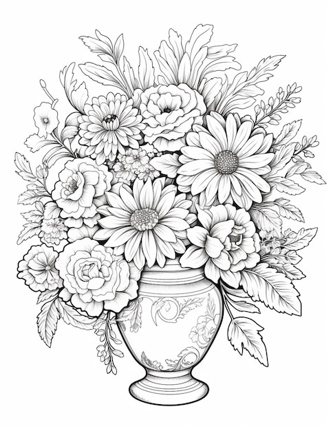 un dibujo en blanco y negro de un jarrón con flores en él