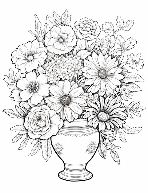 un dibujo en blanco y negro de un jarrón con flores en él