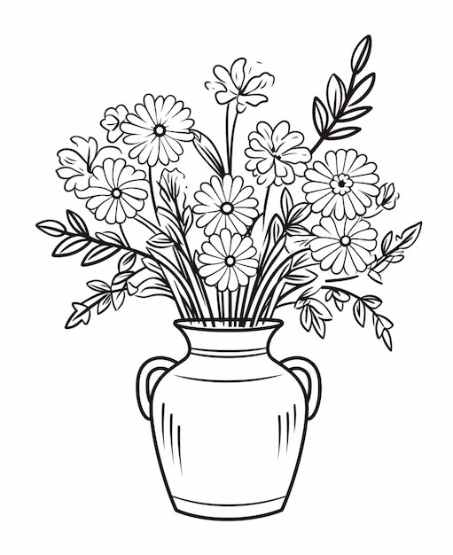 un dibujo en blanco y negro de un jarrón con flores en su interior ai generativo