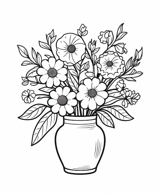 un dibujo en blanco y negro de un jarrón con flores en su interior ai generativo