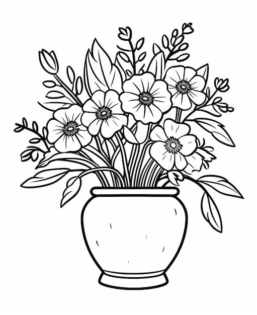 un dibujo en blanco y negro de un jarrón con flores en su interior ai generativo