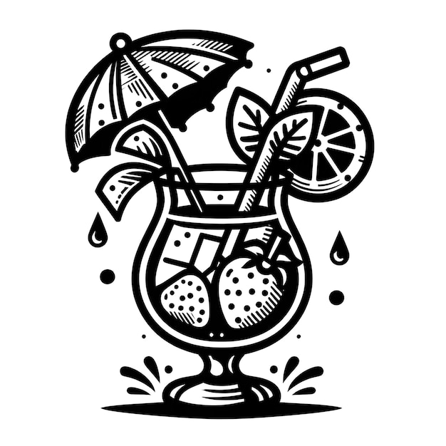 un dibujo en blanco y negro de un jarrón con un paraguas y un limón en él