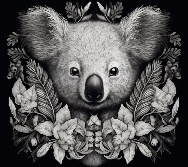 Un dibujo en blanco y negro de un koala con flores.