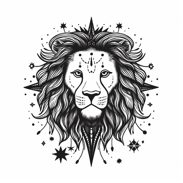 Un dibujo en blanco y negro de un león con estrellas en la cara ai generativo