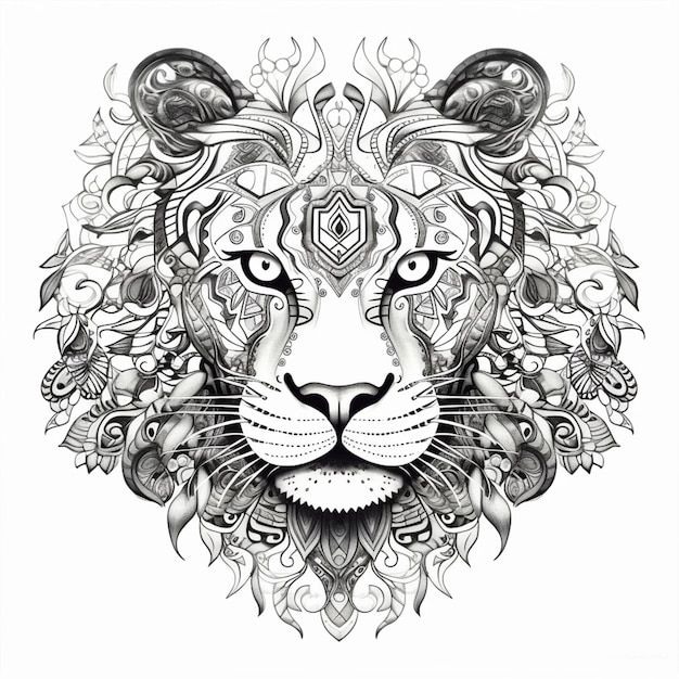 Un dibujo en blanco y negro de un león con un patrón floral en su cara generativo ai