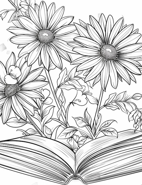 Foto un dibujo en blanco y negro de un libro con flores en él