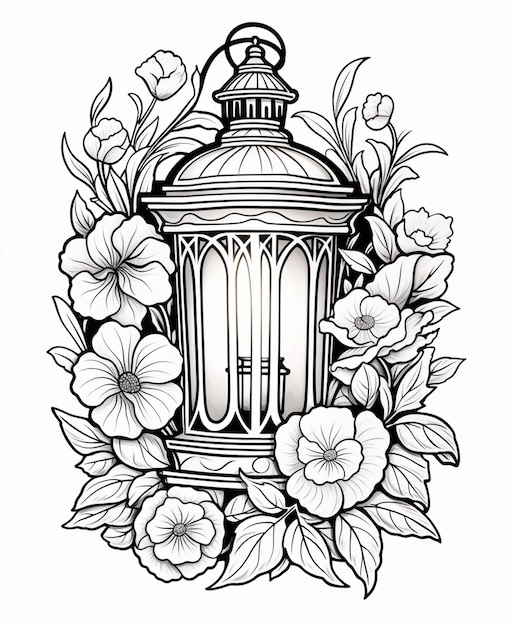 un dibujo en blanco y negro de una linterna rodeada de flores generativas ai