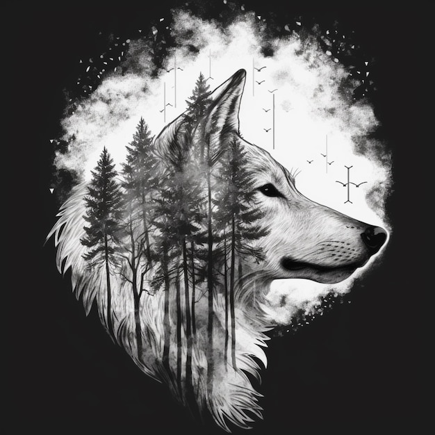 Un dibujo en blanco y negro de un lobo con árboles en el fondo