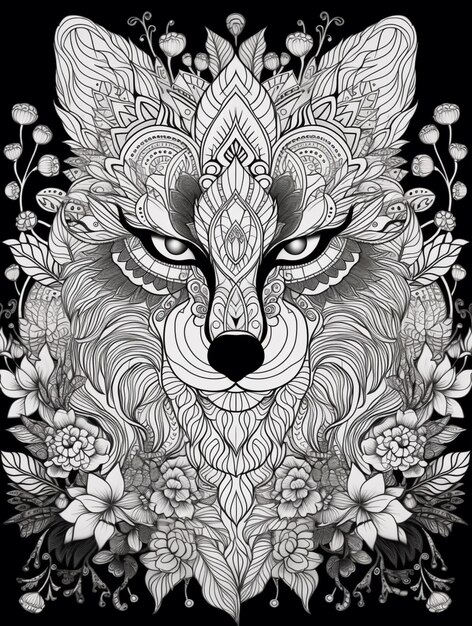 Foto un dibujo en blanco y negro de un lobo con flores generativo ai