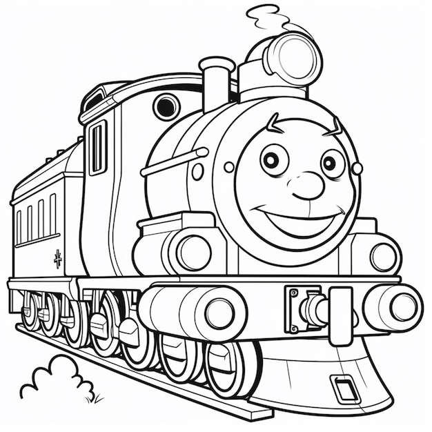 Foto un dibujo en blanco y negro de una locomotora de tren con una cara sonriente