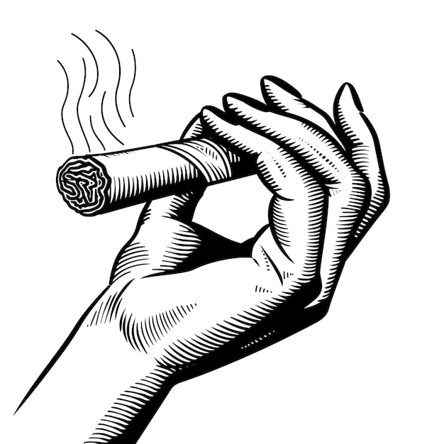 Un dibujo en blanco y negro de una mano sosteniendo un cigarrillo