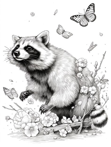 un dibujo en blanco y negro de un mapache en un campo de flores ai generativo