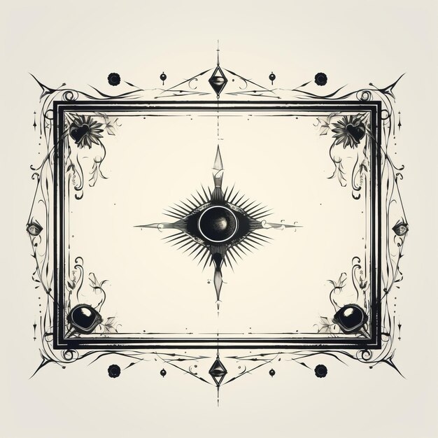 un dibujo en blanco y negro de un marco ornamentado con un ojo en el centro