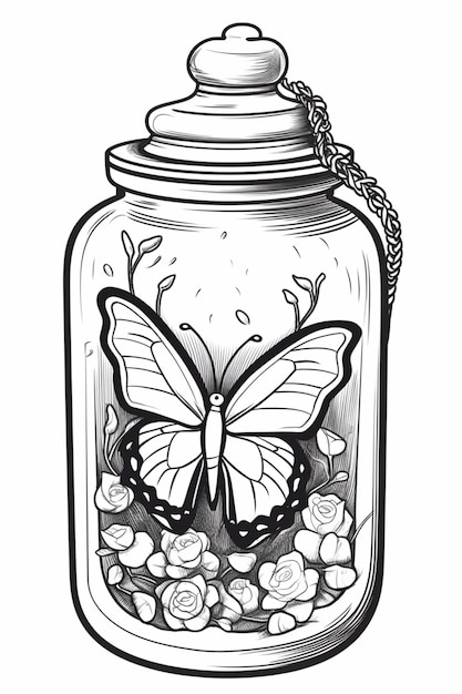 un dibujo en blanco y negro de una mariposa en un frasco generativo ai