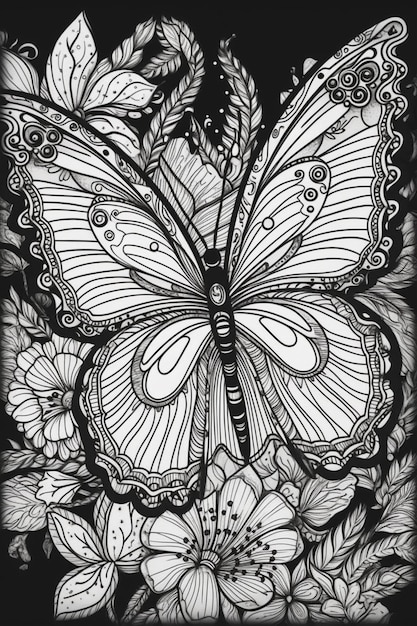 un dibujo en blanco y negro de una mariposa rodeada de flores generativa ai