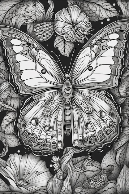 un dibujo en blanco y negro de una mariposa rodeada de flores generativa ai