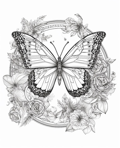 un dibujo en blanco y negro de una mariposa rodeada de flores