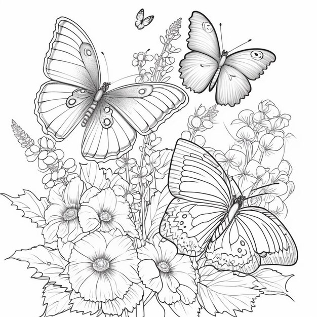 un dibujo en blanco y negro de mariposas y flores ai generativo