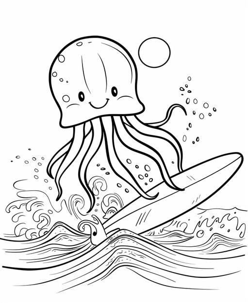 un dibujo en blanco y negro de una medusa surfeando en una ola generativa ai