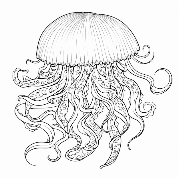 un dibujo en blanco y negro de una medusa con tentáculos largos generativo ai