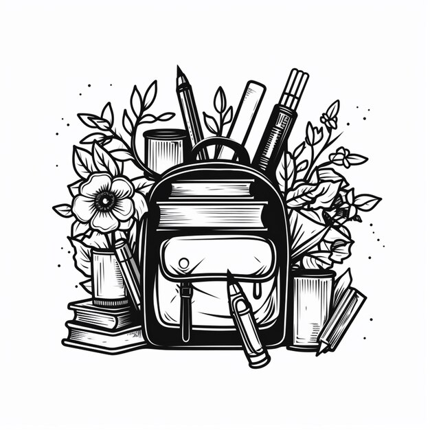 Foto un dibujo en blanco y negro de una mochila con suministros escolares