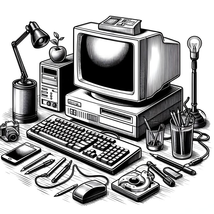 Foto un dibujo en blanco y negro de un monitor de computadora y un teclado