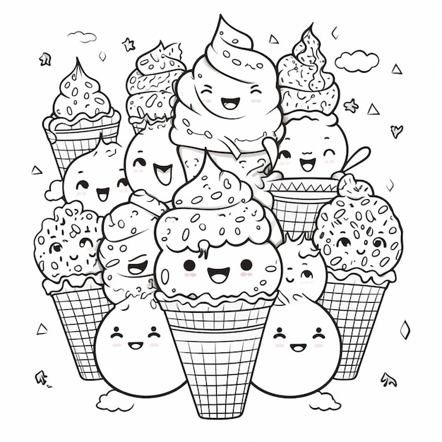 un dibujo en blanco y negro de un montón de conos de helado ai generativo