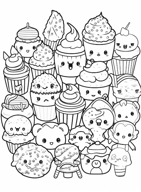 un dibujo en blanco y negro de un montón de cupcakes generativ ai