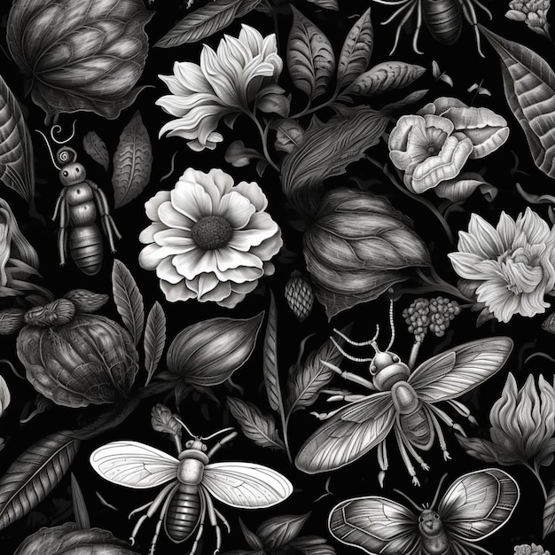 un dibujo en blanco y negro de un montón de insectos y flores generativa ai