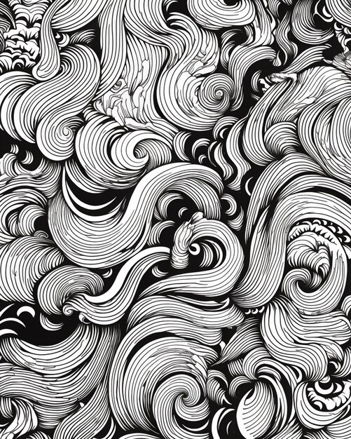 un dibujo en blanco y negro de un montón de ondas generativas ai