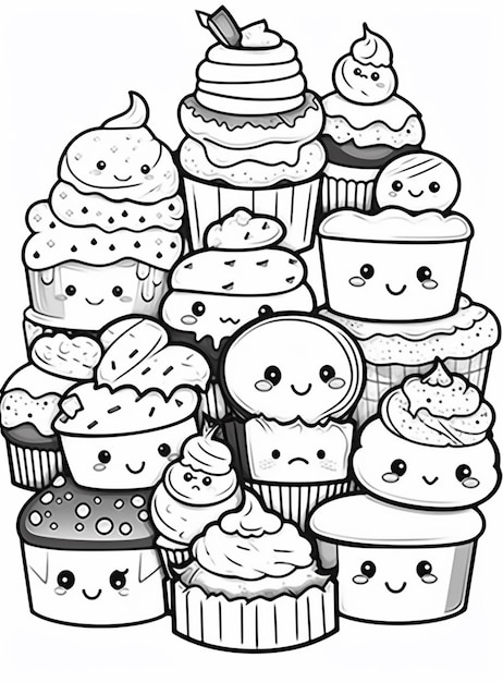 un dibujo en blanco y negro de un montón de pastelitos con caras generativ ai