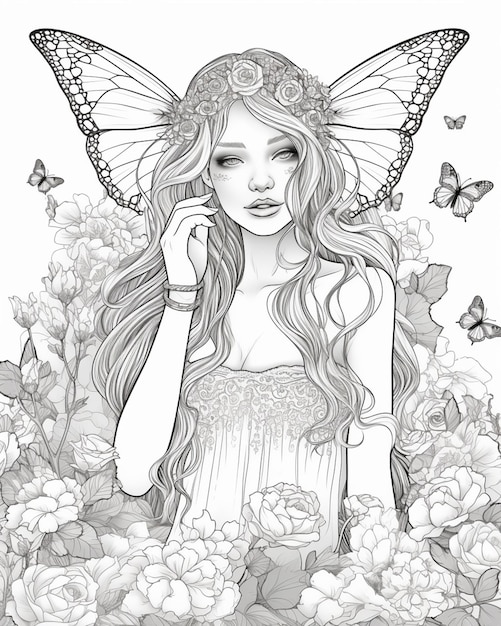 un dibujo en blanco y negro de una mujer con alas de mariposa generativ ai