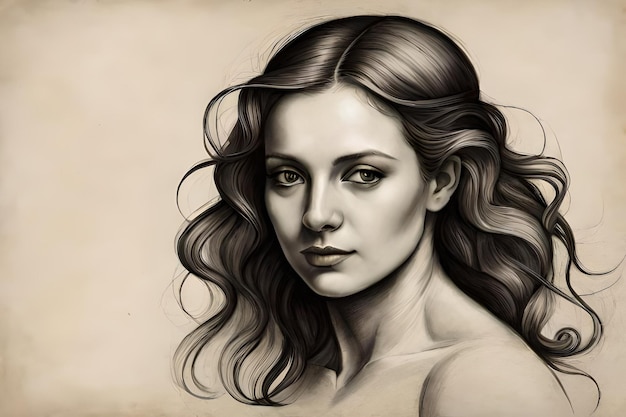 dibujo en blanco y negro de una mujer con cabello largo