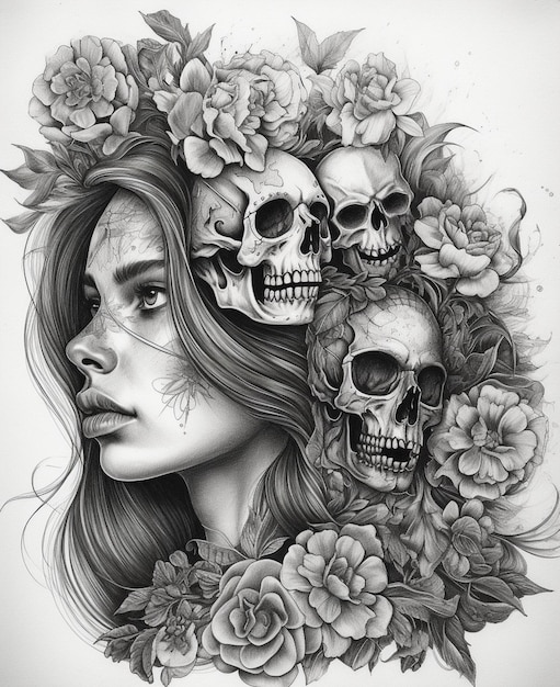 Un dibujo en blanco y negro de una mujer con calaveras en la cabeza.