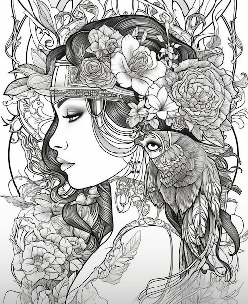 Un dibujo en blanco y negro de una mujer con flores alrededor de su cabeza.