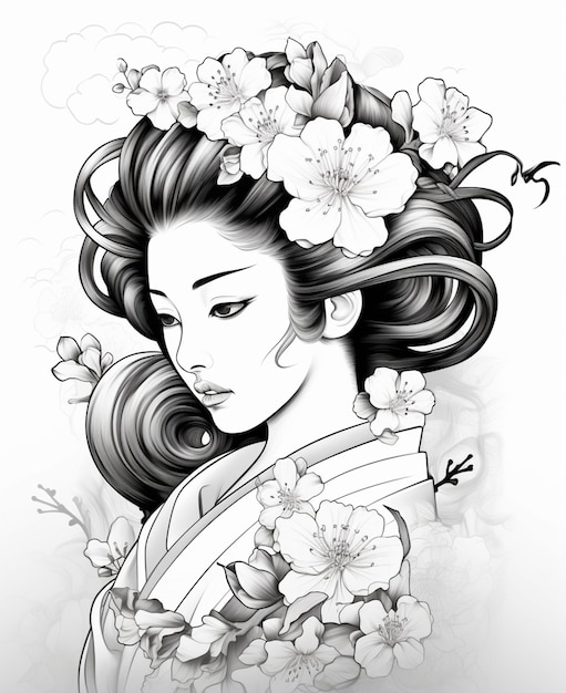 Foto un dibujo en blanco y negro de una mujer con flores en el cabello generativo ai