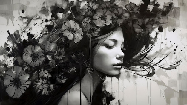 Un dibujo en blanco y negro de una mujer con flores en la cabeza.