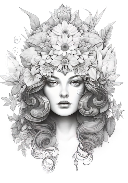 un dibujo en blanco y negro de una mujer con flores en la cabeza.