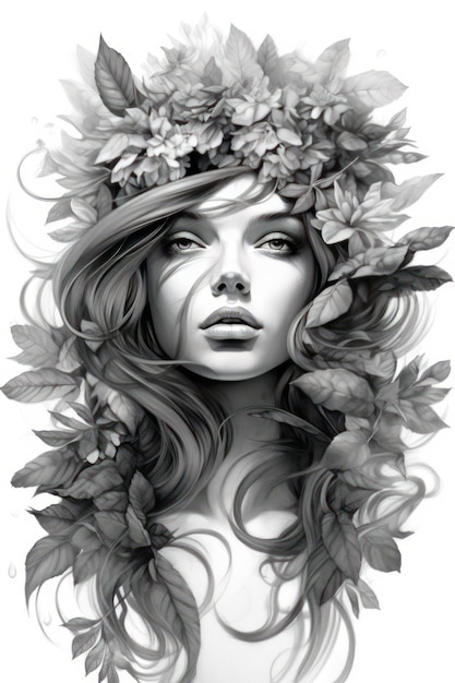 Un dibujo en blanco y negro de una mujer con flores en la cabeza