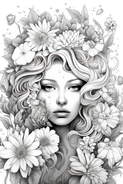 Un dibujo en blanco y negro de una mujer con flores en la cabeza