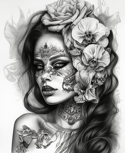 Un dibujo en blanco y negro de una mujer con flores en la cara.