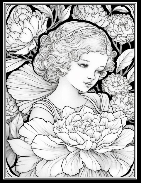 Foto un dibujo en blanco y negro de una mujer con flores generativa ai