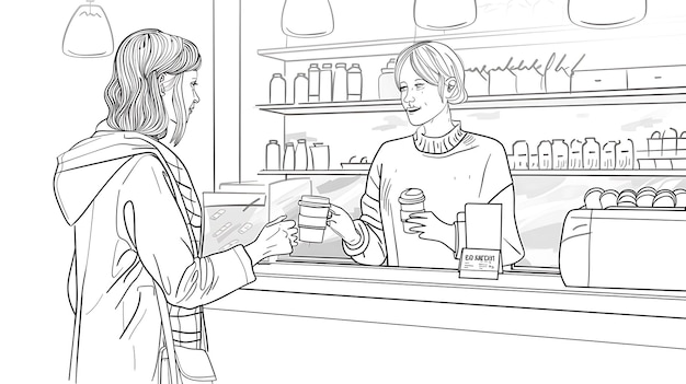 un dibujo en blanco y negro de una mujer y un hombre en una tienda con un frasco de café