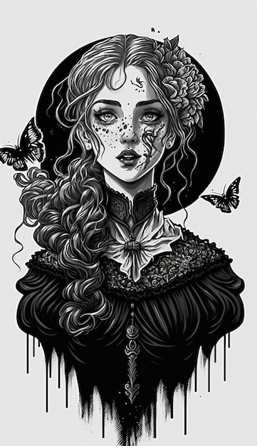 Un dibujo en blanco y negro de una mujer con una mariposa en la cabeza.