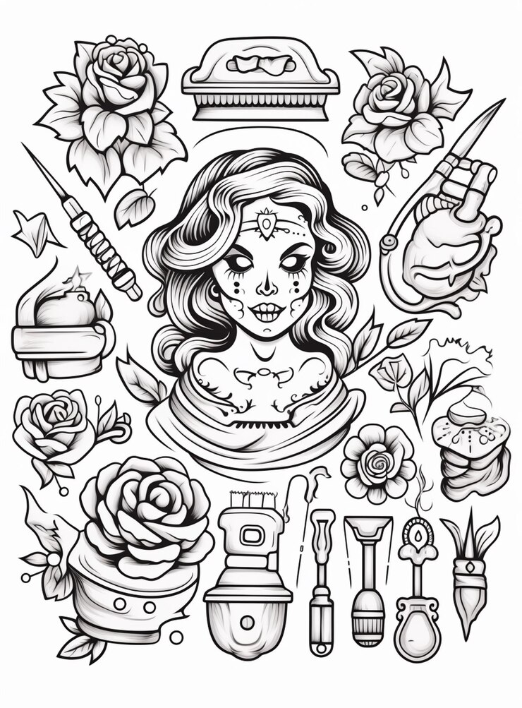 Foto un dibujo en blanco y negro de una mujer con muchos tatuajes ai generative