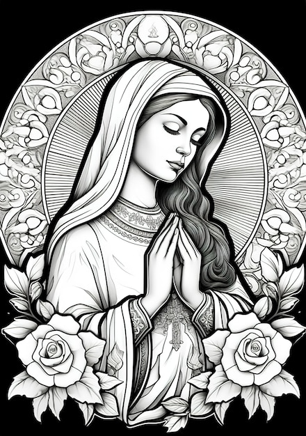 Un dibujo en blanco y negro de una mujer rezando con rosas en el fondo