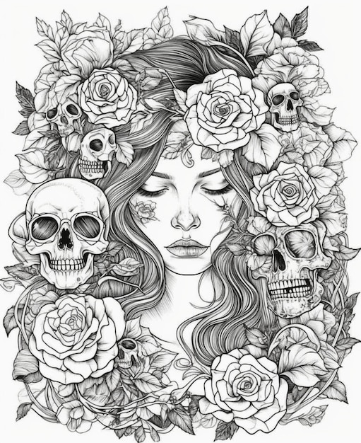 Un dibujo en blanco y negro de una mujer con rosas y rosas.