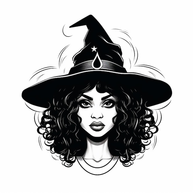 un dibujo en blanco y negro de una mujer con un sombrero de bruja generativo ai