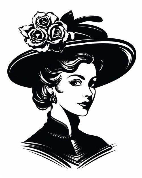 un dibujo en blanco y negro de una mujer con un sombrero con rosas generativo ai